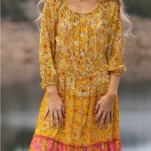 Anthropologie Boho Maxi dress tiered, 3/4 sheer sleeves